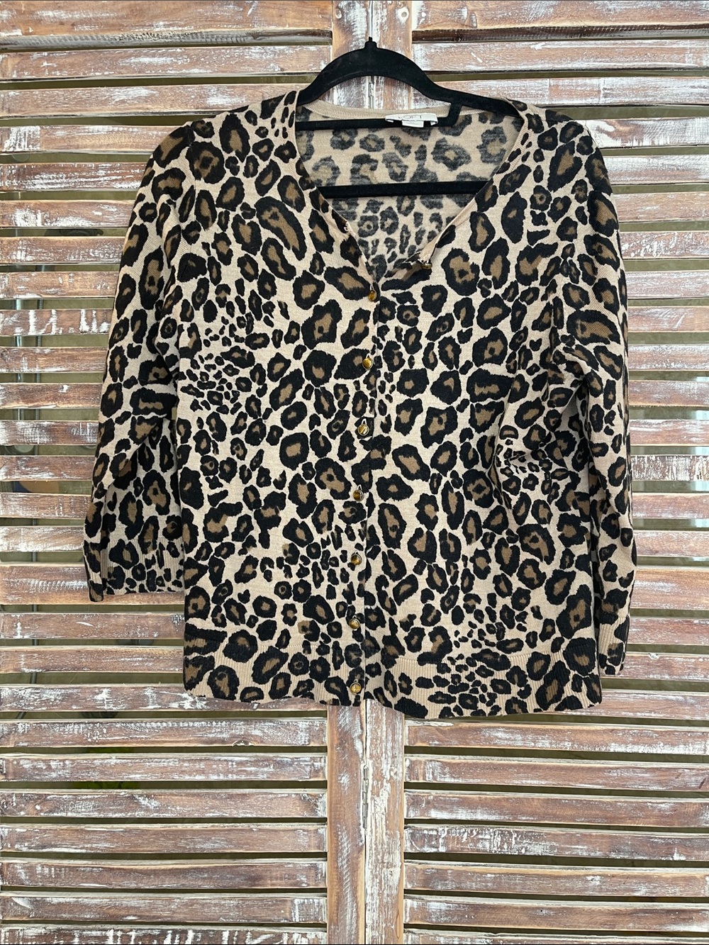 Ann Taylor Leopard Print Button-Up Cardigan in Black and Tan